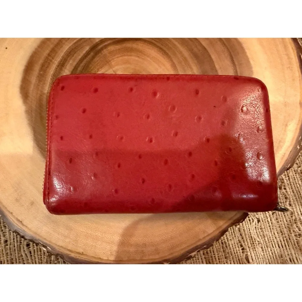 Michael Kors Red Ostrich Leather With Gold Zip Medium‎ Wallet Card Case